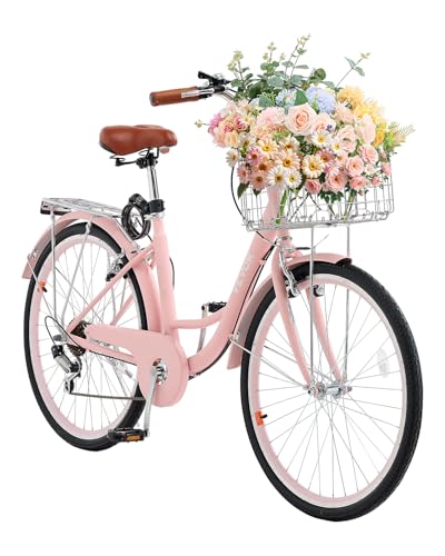 VEVOR Women Bike, 7-Speed and 1-Speed, 24-26 Inch Pink and Light Blue Beach Cruiser Bike, with Large...