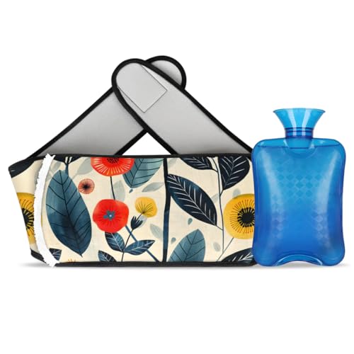 Hot Water Bag with Waist Cover Paint Flowers Watercolor Warm Hot Water Bottle Belt Plush Double Hand Insert Wearable Water Bag Detachable Hot Bottle Pouch for Neck Shoulder Pain Relief