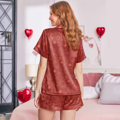 Image of Women's satin pajamas set, Short-sleeve button down Loungewear | Exclusive print on soft satin fabric; breathable comfort for sleep or lounge; button front top, elastic shorts; easy care
