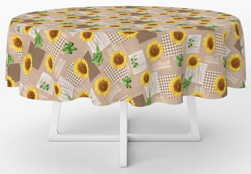 Precioso mantel mantel no planchado, antimanchas, estampado moderno Art Cherry (girasoles, diámetro de 160 cm, redondo)