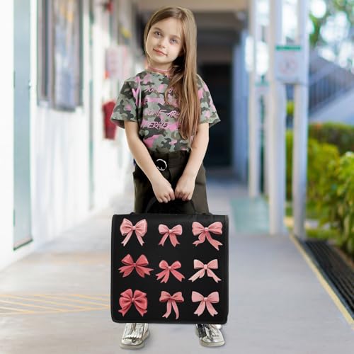 Image of 3 Ring Zipper Binder with Shoulder Strap Pink Red Bow Black 1.5 inch Binders Keeper Large Capacity Multi Pockets for School Office Supplies