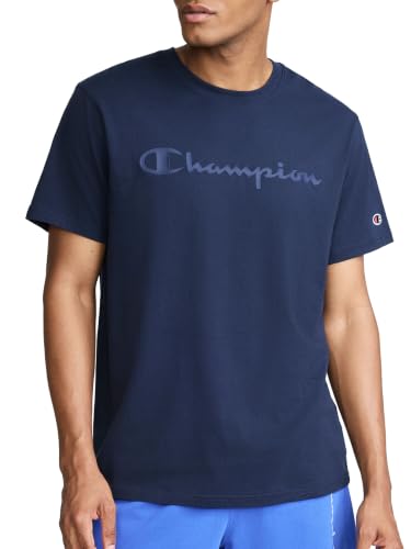 Image of Champion Men's Graphic Short Sleeve T-Shirt, Standard Fit, Tonal Script Logo, Midweight 100% Cotton