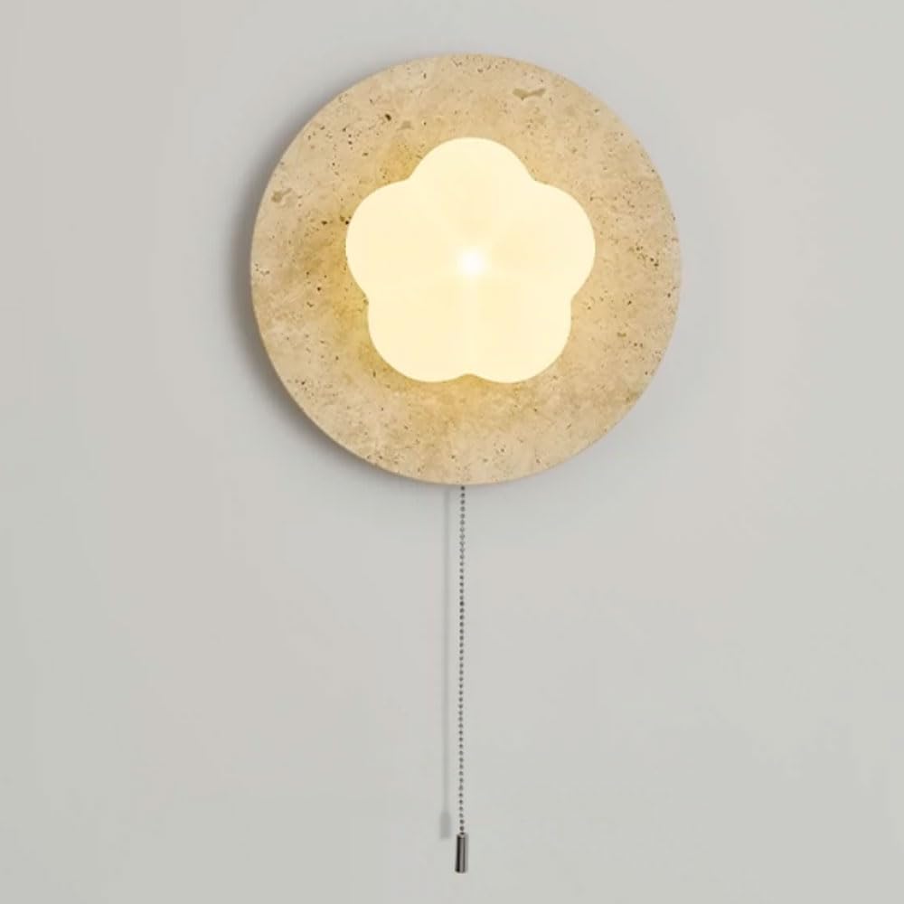 HUAYUSEDF Vintage Wall Sconce Modern Natural Stone Light Fixture with Pull Switch Mid Century Flower Farmhouse Lighting Nordic Yellow Travertine Hallway Mounted Lamp for Living Room Aisle