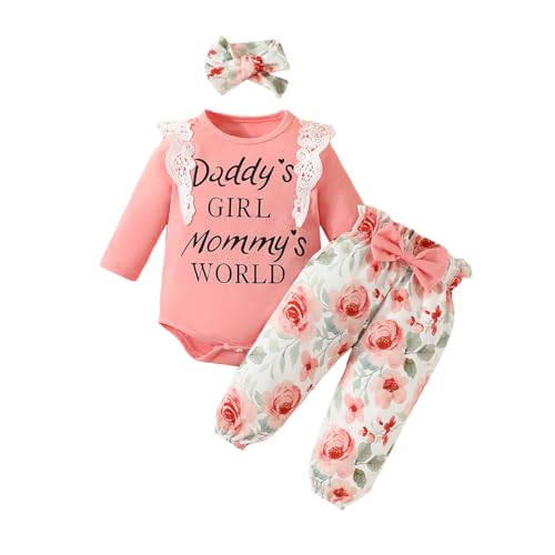 Eqenkely 3 Pieces Newborn Baby Clothes Girl Cute Letter Print Long Sleeve Romper Tops and Floral Pants Headband Fall Winter Outfits Sets Pink 9-12 Months