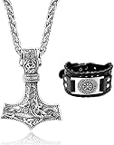 JeweBella Thors Hammer Halskette Wikinger Armband Herren Edelstahl Thors Hammer Anhänger Mjölnir Kette lederarmband Vegvisir Wikinger Kompass Lederarmband Herren Breit Schwarz Wikinger Schmuck Set