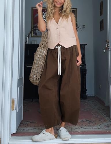 Wyeysyt Barrel Jeans Women Wide Leg Elastic Waistband Cotton Pants Baggy Palazzo Pants with Pockets2