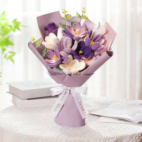 Juinte Graduation Crochet Flowers Bouquet Gift Completed Handmade Knitted Flowers with LED Lights Tulips Bouquet Gift for Mother Day Women Birthday Graduation Wedding Home(Purple) by Juinte - Image 3