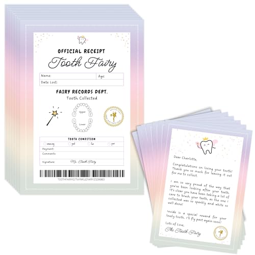 Tooth Fairy Letter & Receipt Set Pack of 20 A6 Double-Sided Cards Personalised Tooth Fairy Notes for Kids Official Receipt & Letter from The Fairy Fun Magical Memory Keepsake | Colorful