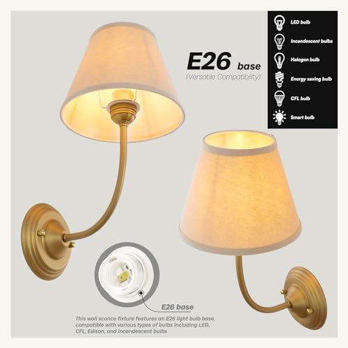 Image of Vintage Fabric Wall Sconce 8.66 inch Diam Linen Cloth Shade, E26 Hardwired Indoor 1-Light Wall Mounted Lamp Fixture for Living Room Bedroom Stairs Hallway