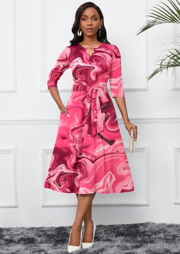Image of CLOCOR Midi Dresses for Women Casual A-Line Fit and Flare Dress Crewneck 3 /4 Sleeve Keyhole Cocktail Party Church Dress