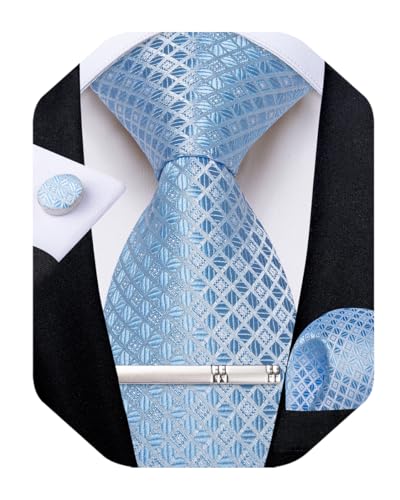 Image of DiBanGu Mens Silk Plaid Tie and Pocket Square Set | Elegant Silk Formal Tie Set, Woven Check Necktie and Cufflinks Tie Clip Set, Perfect for Wedding Party, Comes in Gift Box