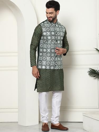 Image of SOJANYA (Since 1958 Men's Silk Blend Printed Kurta and White Pyjama with Embroidered Nehru Jacket