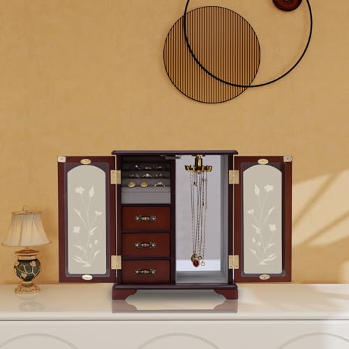 Stufurdecor Dark Brown Jewelry Boxes Handle Carving Craft Large Jewelry Box With Swivel Hook And Velvet Lining Wooden Jewelry Boxes For Women Suitable As Gift For Friends