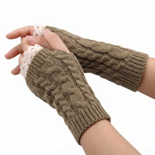 Image of Kraptick Women's Cable Knit Fingerless Gloves - Winter Arm Warmers with Elegant Lace Trim & Thumb Hole - Soft Woolen Thermal Half Finger Mittens for Typing, Driving & Office Work (Free Size, khaki)-1