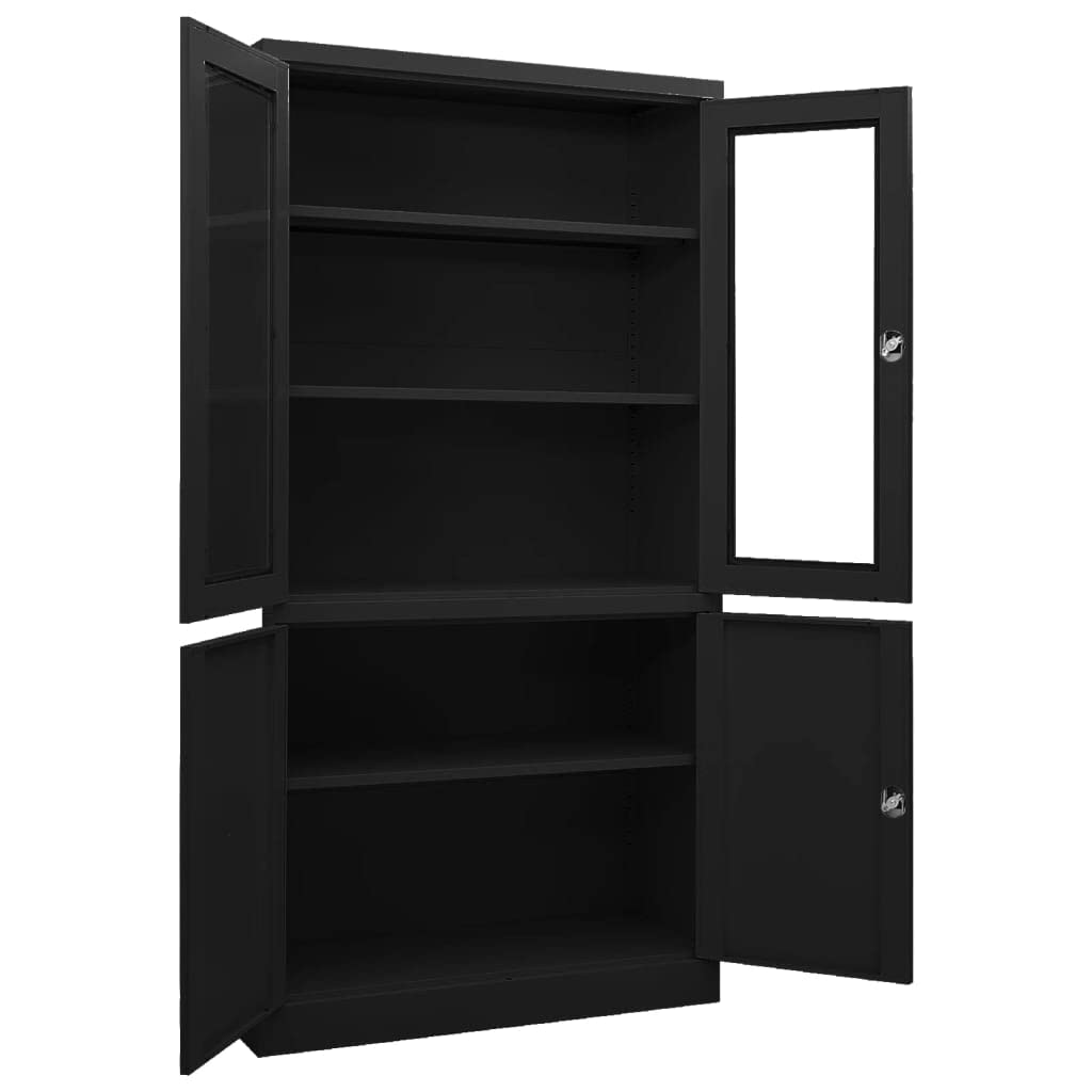 Büroschrank Schwarz 90x40x180 cm Aktenschrank Metall mit Glastüren Abschließbar Stahlschrank mit 3 Verstellbaren Einlegeböden für Dokumente und Büroordner