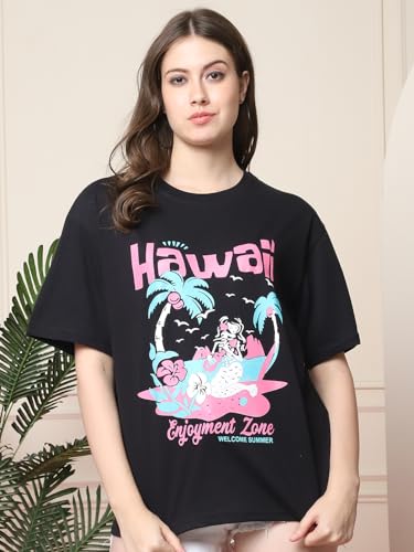 Image of Fabflee Oversized Cotton Baggy Drop Shoulder Graphic Tee with Half Sleeves | Korean Casual Loose T-Shirt for Women
