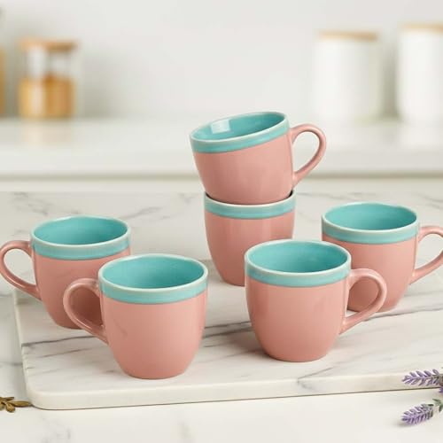 Image of The Earth Store Pink Flow Ceramic Tea Cup Set of 6 for Tea | 220ML Each | Microwave & Dishwasher Safe | Perfect for Every Occasion Chai | Coffee Cups for Home, Office, Gifting & Daily Use