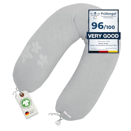 Minky Mooh Almohada de Lactancia XXL algodón orgánico con Relleno de ceiba | Almohada grande para Lactancia y biberón | Almohada para Embarazadas | antialérgica y silenciosa | 190x30 cm, Gris
