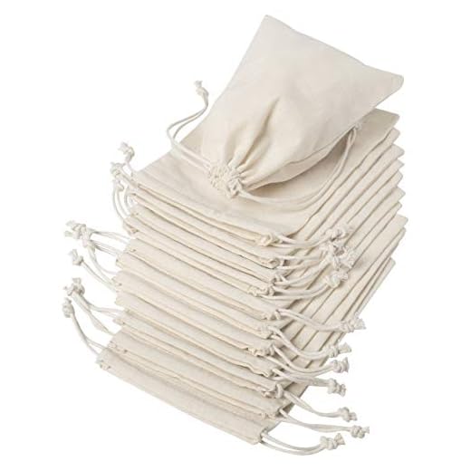 100 Percent Cotton Muslin Bags with Drawstring - Unbleached, 12-Pack (5 x 7 inch, Beige)