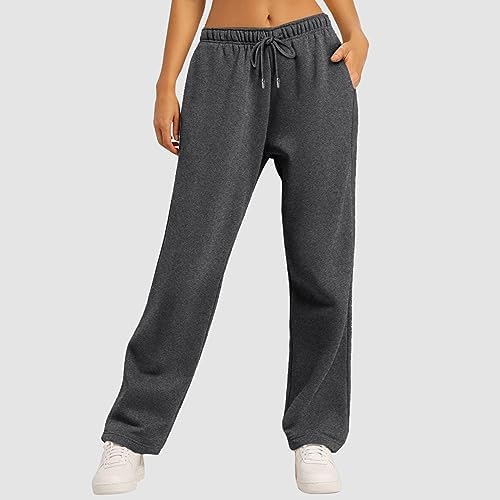 Generisch 2026 Joggingbroek voor dames, met fleecevoering, brede, rechte pijpen, joggingbroek, workout, hoge taille, yogabroek met zakken, wit, L