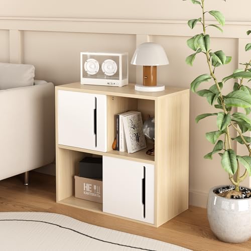 Modern Wooden Storage Cabinet with Sliding Doors-2-Tier Open & Closed