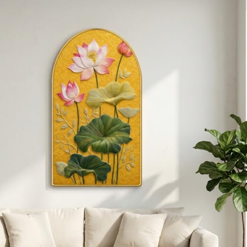 Image of Livin'luxe Lotus Flower Wall Painting for Living Room, Yellow Botanical Artwork with PVC Golden Frame, Premium Decorative Wall Art for Home, Bedroom, Office & Gift (30 x 16 Inch) RPNL-01-90