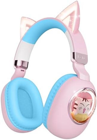 Cat Ear Kids Bluetooth Headphones for Girls, Wireless & Wired Headphones with 85db Safe Volume Limit, Led Light Up with Mic, Adjustable & Foldable, Over Ear Headphones for School Travel Tablet, Blue
