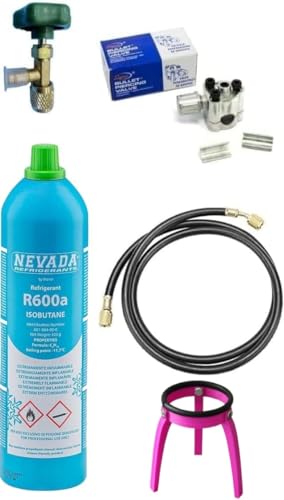 Kit reparación recarga frigorífico congelador R600a 420 gr grifo salida 1/4' M tubo válvula perforadora cobre hierro aluminio