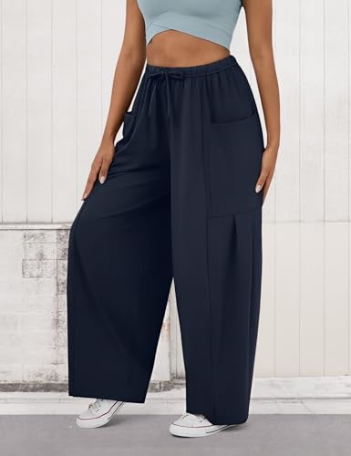 Womens Wide Leg Palazzo Pants Casual High Waisted Adjustable Tie Knot Flowy Trousers Summer Lounge Pant with Pockets