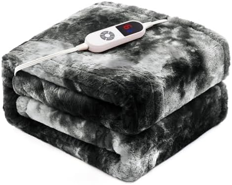 Electric Heated Blanket 62"x84",Luxury Black Twin Faux Rabbit Fur...