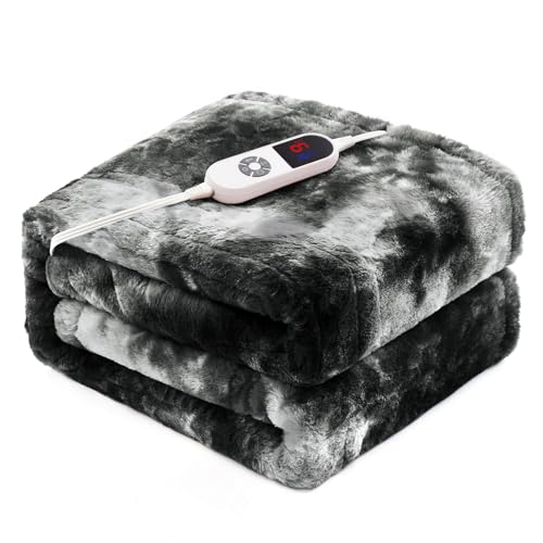 Electric Heated Throw Blanket 50"x60",Luxury Black Faux Rabbit Fur Electric Blanket,Fast Heating Soft Fluffy Thick Electric Blanket with 6 Heating Levels & 12H Auto Off