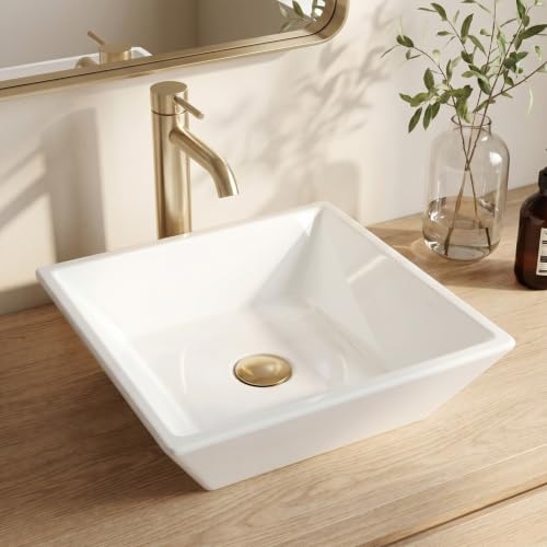 Image of KES 17 inch Square Vessel Sink for Bathroom Vanity Countertop, Glossy White Ceramic Porcelain Bathroom Sink Bowl Above Counter, Modern Look, BVS141