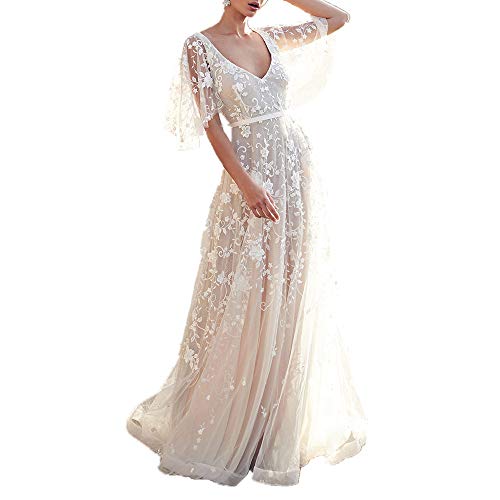 DAYISS Women\'s Bohemian Wedding Dresses Lace Bridal Gown Backless Short Sleeve V Neck Beach Wedding Gowns Party Dress (White, 3XL)