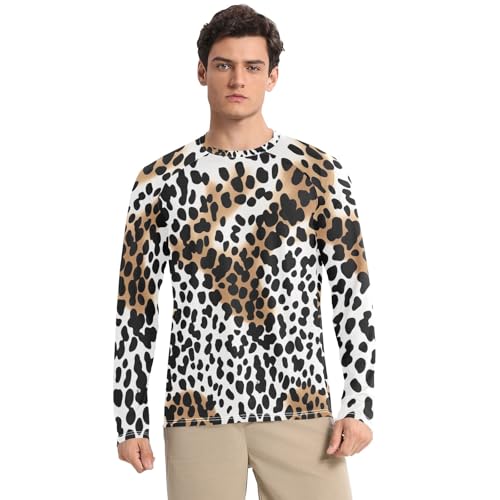 Black White Brown Leopard Animal Men's Rash Guard Sun Protection UPF 50+ Sun Shirt Quick Dry Long Sleeve Beach Shirts, Small