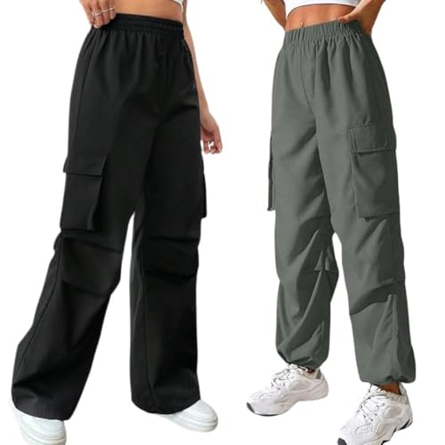 Image of GRECIILOOKS High Waist Cotton Trousers for Women - Flared Parachute Pants with Side Pockets | Casual Travel Cargo Pants