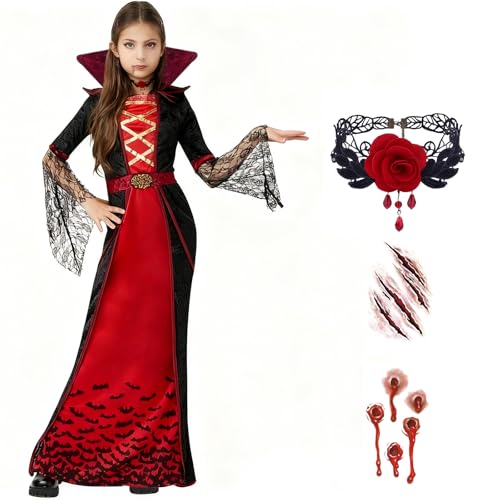 Lotiaan Disfraz de Vampiro para Niña, Disfraz Vampira Niñas, Disfraces de Bruja Reina Vampiresa con Collar Pegatinas, Vestido Vampiro Gótico para Halloween Carnaval Cosplay (L)