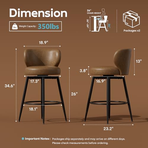 Image of 26 inch Brown Bar Stools Set of 4, Swivel Kitchen Island Chairs