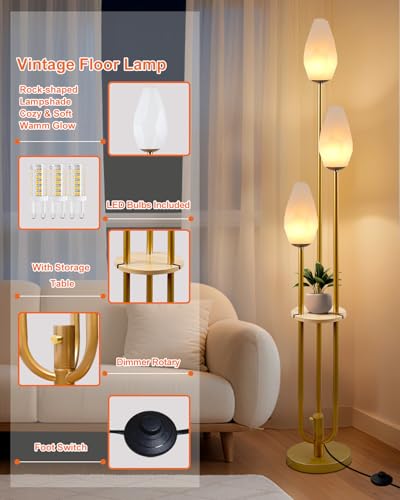 Image of Gold Floor Lamp with Tray, 3-Lights Dimmable Floor Lamps with Rock-Shaped Shade, Unique Candle Holder Style Modern Tall Standing Lamp with 5Lbs Heavy Base for Living Room /Party(Bulbs Included)
