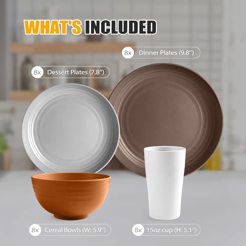 Teivio 32-Piece Kitchen Plastic Wheat Straw Dinnerware Set, Service For 8, Unbreakable Dinner Plate/Dessert Plate/Cereal Bowl/Cup, Outdoor Camping Dishes For Rustic Life/Country/Vintage, Farmhouse thumb #1