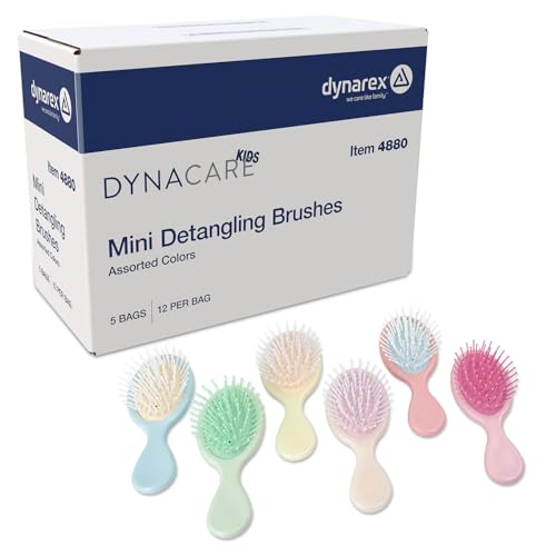 Dynarex DynaCare Mini Detangling Hair Brush - Assorted Colors - For All Hair Types - Gently Loosens Knots & Reduces Breakage - Compact & Portable - Bag of 12