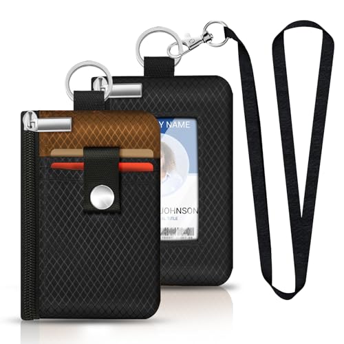 Image of Minimalist RFID Blocking Small Wallet with ID Window,WaterResistant Zip Id Case Wallet with Lanyard Keychain for Cards,Cash,Travel,Women,Men (Black /Brown)