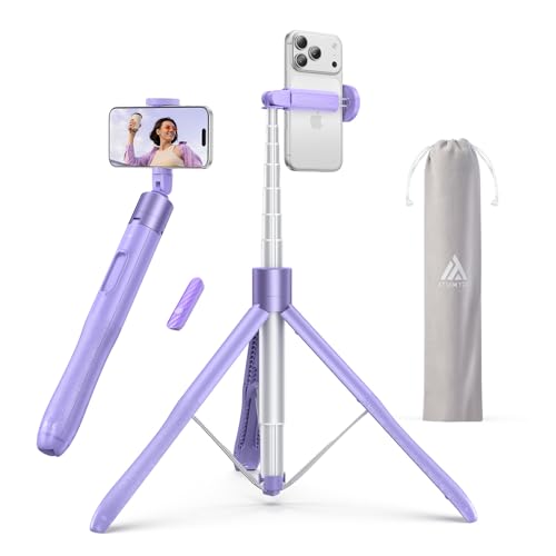 Image of ATUMTEK Smartphone Tripod, Selfie Stick, 59.1 inches (150 cm), Long Type, Selfie Stand, Aluminum, Rechargeable, Bluetooth Remote Control, 360� Rotation, Supports YouTube Vlog, TikTok, Sports Events,
