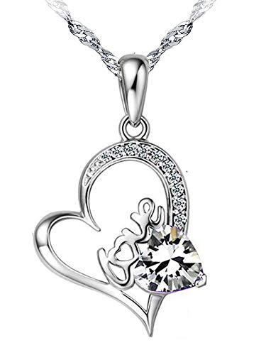 Emma Manor EM 14k White Gold Plated Engraved Love Heart Cubic Zirconia Forever Lover Heart Pendant Necklace for Women
