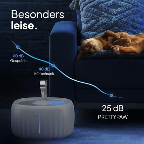 PrettyPaw Katzenbrunnen - Super leiser, BPA-freier 3L Trinkbrunnen für Katze mit LED und Aktivkohlefilter - Leicht zu reinigender Katzen Trinkbrunnen - Aqua Flow (Grau)