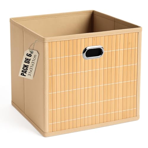 LUXYSKY est 2022 6 Cajas Almacenaje   Cestas Almacenaje   Cajas Organizadoras 31x31x31cm   Cajas Almacenaje Decorativas Hechas En Bamboo Y Tela   Cestas Organizadoras   (BEIGE, 31x31x31 cm)