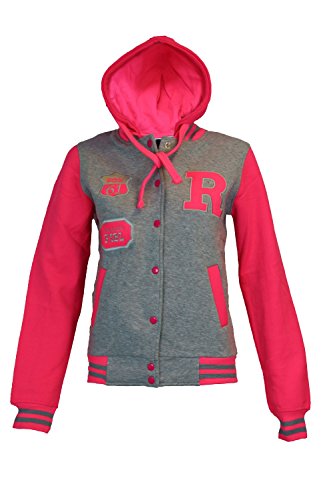Fashion Damen Baseball Varsity Jacke MIT NEONPINK FLUORESZIEREND ÄRMEL Kapuzen Hoodie