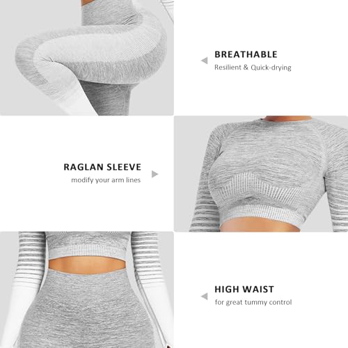 Image of FeelinGirl 2 Piece Workout Sets for Women Long Sleeve Yoga Outfits Seamless Ribbed Crop Top High Waist Leggings