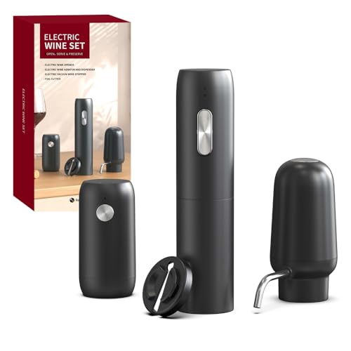 Redwinter 4 in1 Electric wine bottle opener set with Automatic Bottle Opener,Foil Cutter,Automatic wine pourer&aerator,Electric vacuum pump bottle stopper,Type-C charging?black