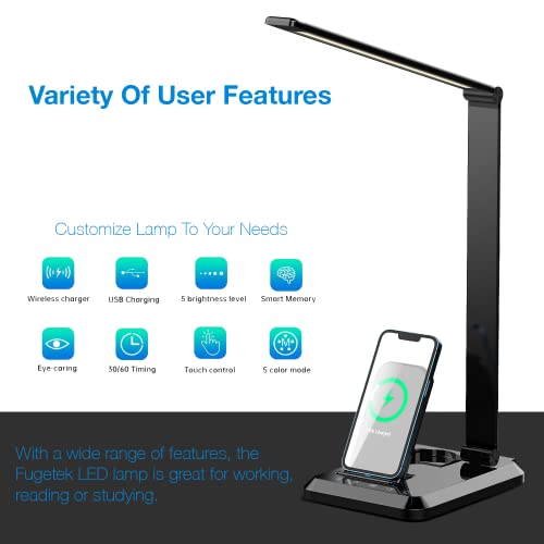 Fugetek Led Desk Office Lamp With Wireless Charger & Usb Charging Port, Touch Control, 5 Lighting Modes, 30/60 Min Auto Timer, Eye-Caring, Dimmer, Black #TOP4