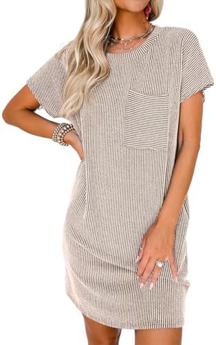 Acelitt Womens Casual Summer Crewneck Short Sleeve Ribbed Mini Tshirt Dress, XS-3XL